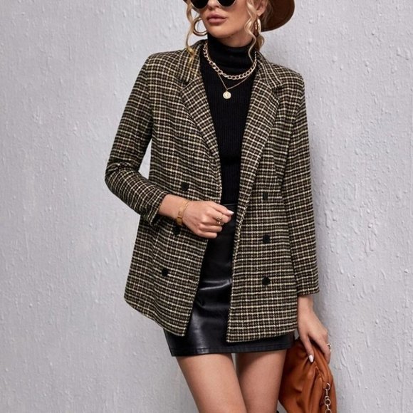 chic double breasted houndstooth & plaid print blazer classy business - Picture 4 of 5